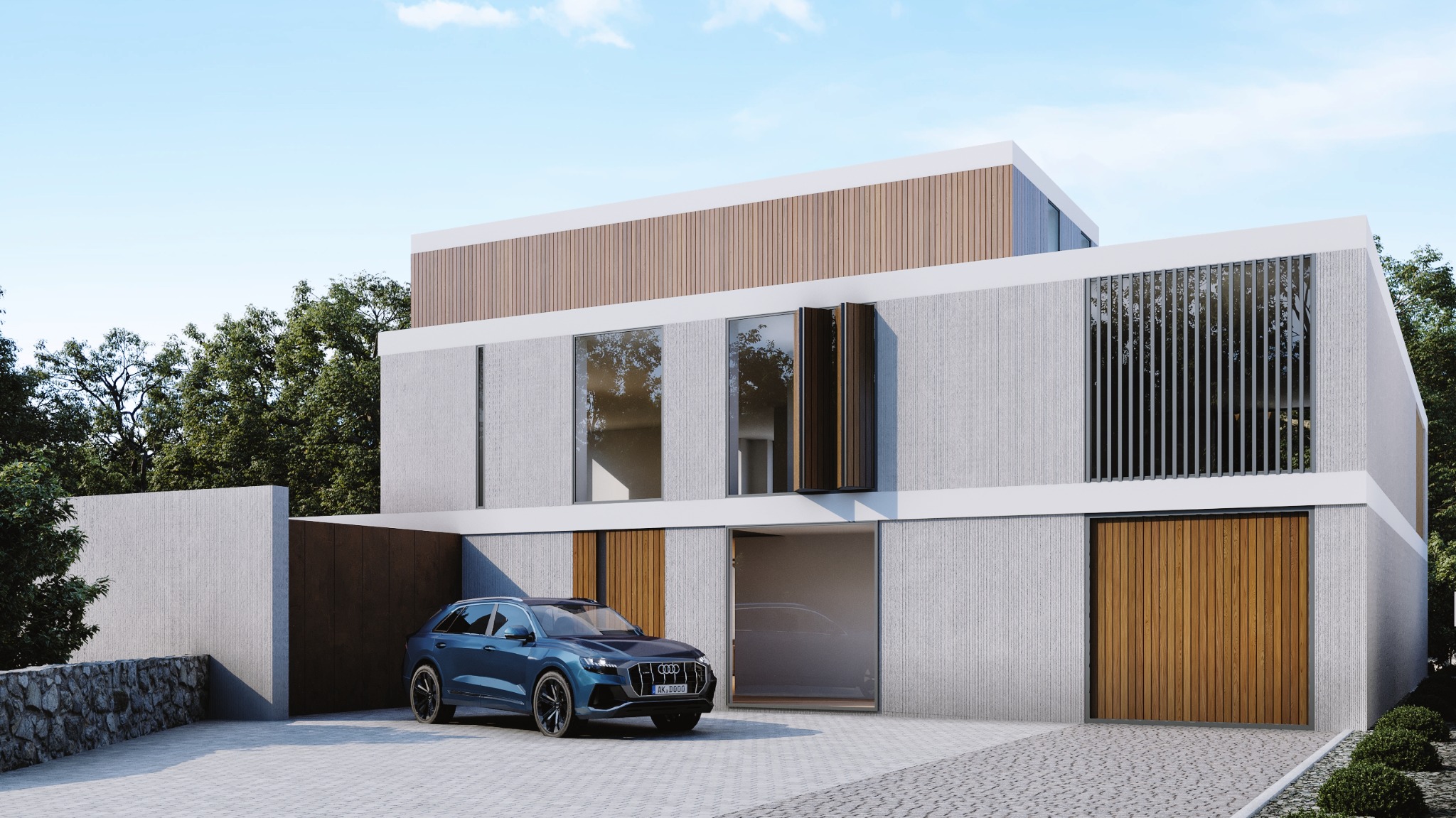 Dwukondygnacyjny dom z szarego betonu z drewnianymi akcentami, niebieski SUV zaparkowany na brukowanym podjeździe, brama garażowa z pionowych desek.