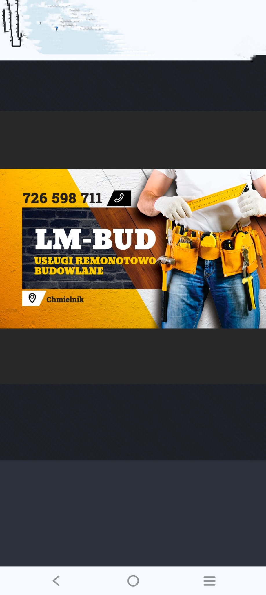 Grafika reklamowa firmy LM-BUD z Chmielnika, oferującej usługi remontowo-budowlane. Widoczny numer telefonu i lokalizacja. Mężczyzna z narzędziami w pasie.