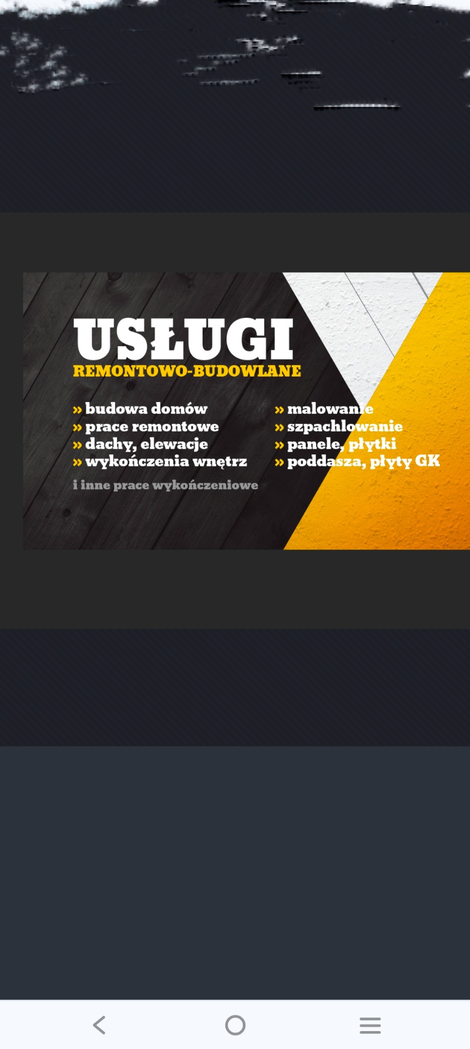 Grafika reklamowa usług remontowo-budowlanych: budowa domów, remonty, dachy, elewacje, wykończenia wnętrz, malowanie, szpachlowanie, panele, płyty, poddasza, płyty GK.