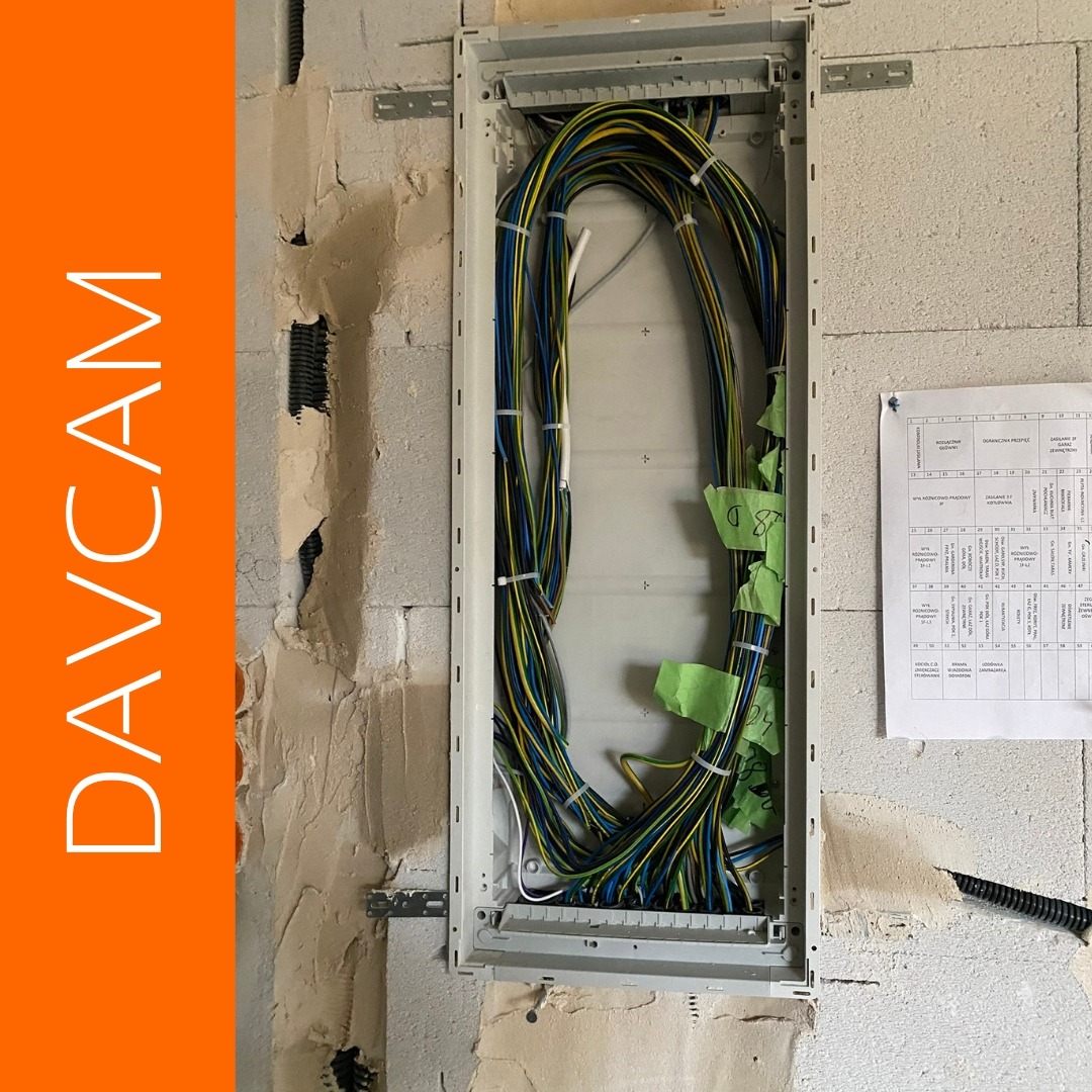 Rozdzielnica elektryczna w trakcie montażu w surowym wnętrzu. Widoczne kable oznaczone etykietami, biała obudowa i fragment ściany z niedokończonym tynkiem.