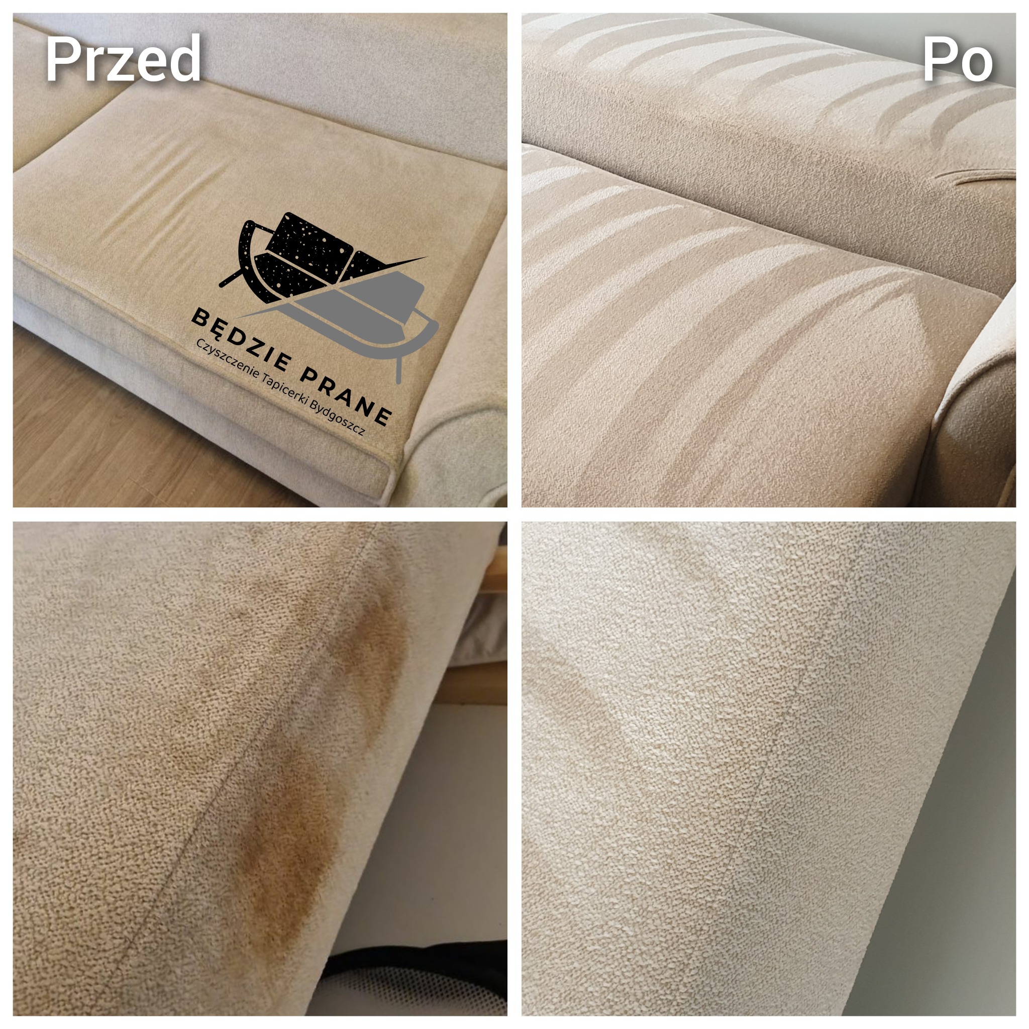 Kolaż przedstawiający fragment beżowej kanapy przed i po czyszczeniu, z widocznymi plamami i logo firmy czyszczącej tapicerkę.