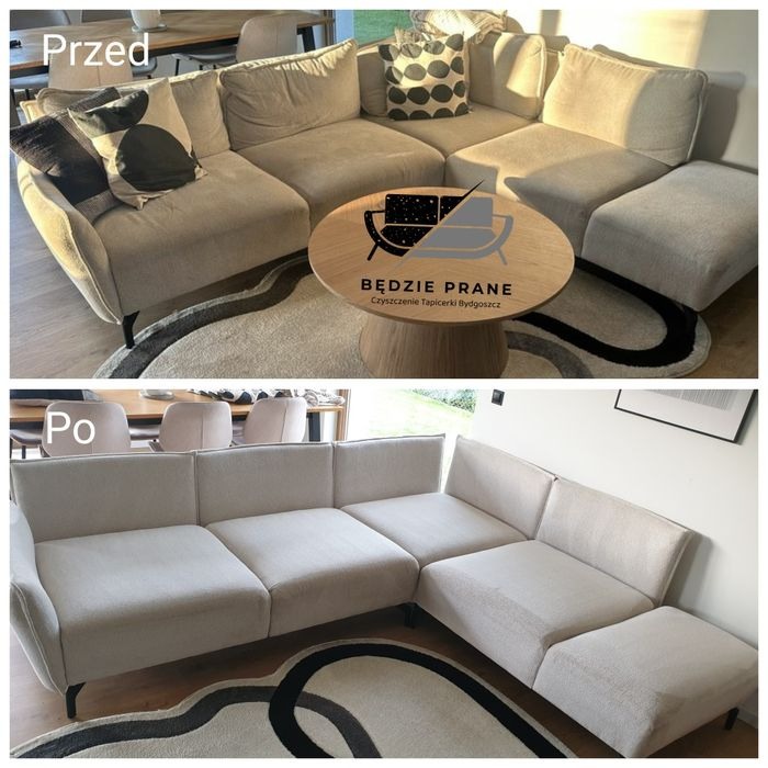 Beżowa, modułowa kanapa narożna przed i po czyszczeniu, widoczne różnice w odcieniu i usunięte plamy, na okrągłym dywanie z czarnym wzorem. Na górnym zdjęciu widoczny stolik kawowy z logo firmy.