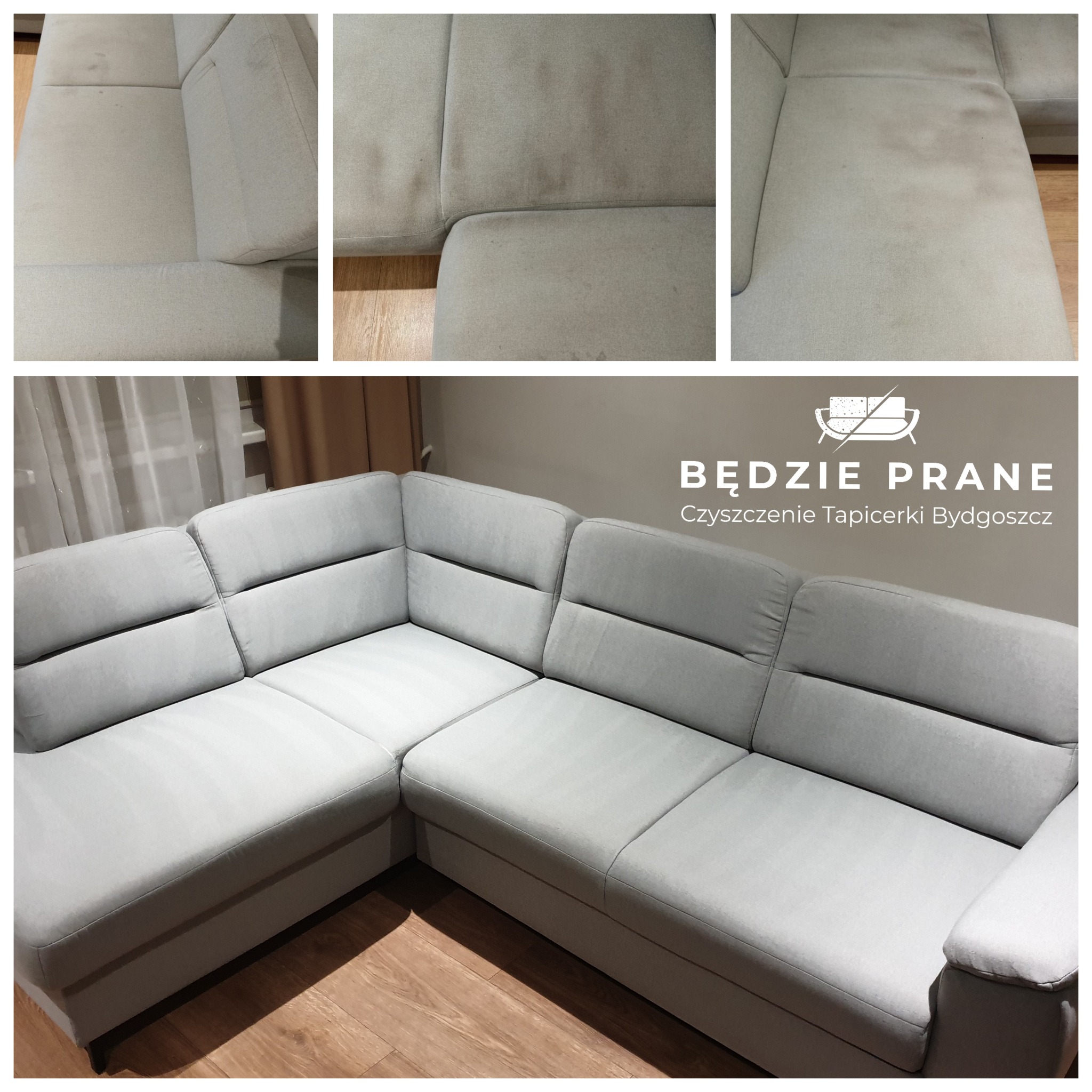 Szaro-beżowa narożna kanapa z widocznymi efektami czyszczenia tapicerki: górne kadry pokazują fragmenty przed czyszczeniem, a dolny kadr prezentuje odświeżony wygląd z logo firmy Będzie Prane...