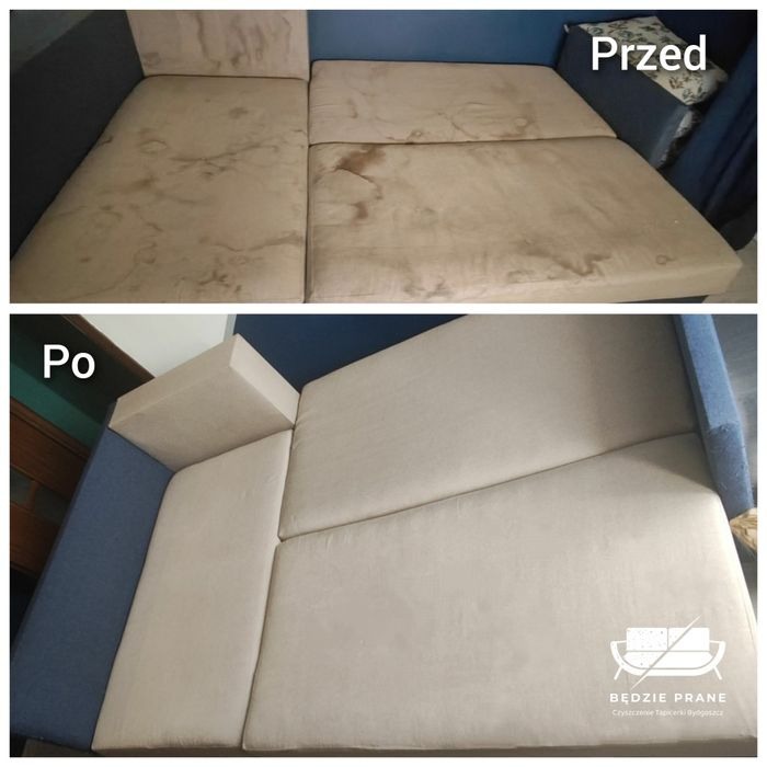 Dwuczęściowe zdjęcie: górna część przedstawia zabrudzoną, beżową kanapę z widocznymi plamami, podpisana 'Przed', dolna część ukazuje tę samą kanapę po czyszczeniu, o jednolitym, jasnym odcieniu...