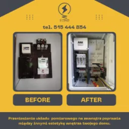 Porównanie stanu licznika elektrycznego przed i po przeniesieniu na zewnątrz budynku, widoczne stare i nowe zabezpieczenia oraz instalacja w białej skrzynce, z tekstem reklamowym.
