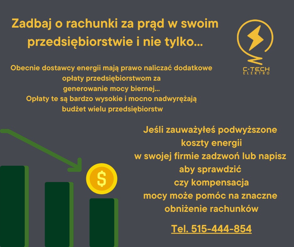 Grafika reklamowa firmy C-Tech Elektro informująca o możliwości obniżenia rachunków za prąd w przedsiębiorstwie, z wykresem spadkowym i symbolem dolara.
