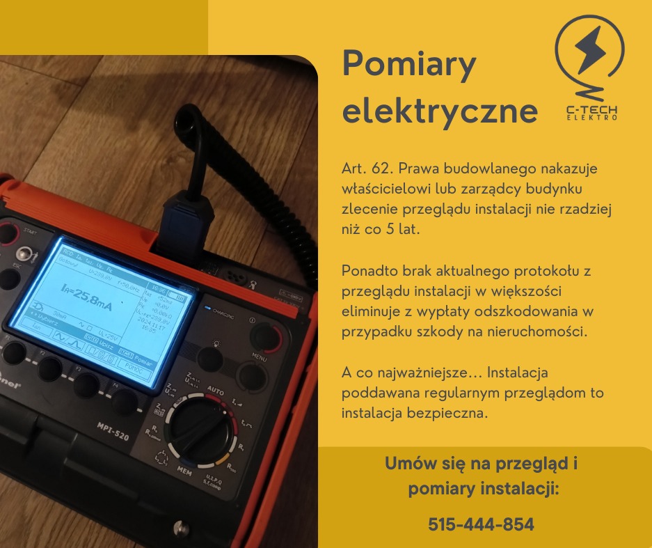 Miernik elektryczny MPI-520 wyświetlający wartość prądu Ia=25.8mA, na tle plakatu reklamowego usług pomiarów elektrycznych z logo firmy C-Tech Elektro i numerem telefonu.