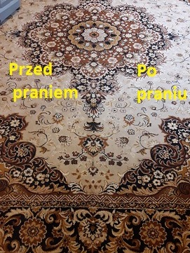 Dywan z wzorem orientalnym, podzielony na dwie części: 'Przed praniem' z widocznymi zabrudzeniami i 'Po praniu' z jaśniejszymi, odświeżonymi kolorami.