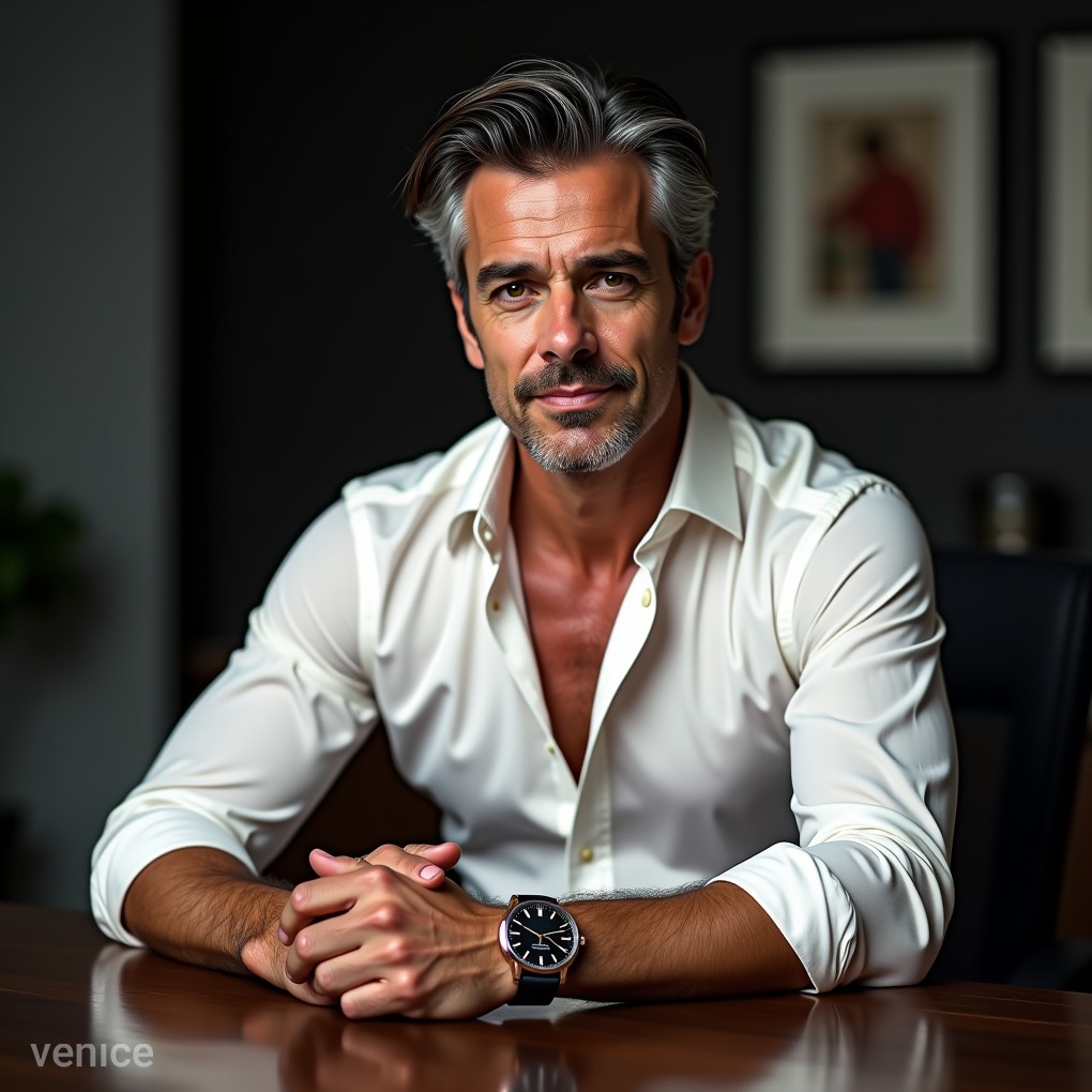 Portret mężczyzny w białej koszuli siedzącego za biurkiem, z założonymi rękoma i zegarkiem na nadgarstku, w tle obrazy na ścianie.