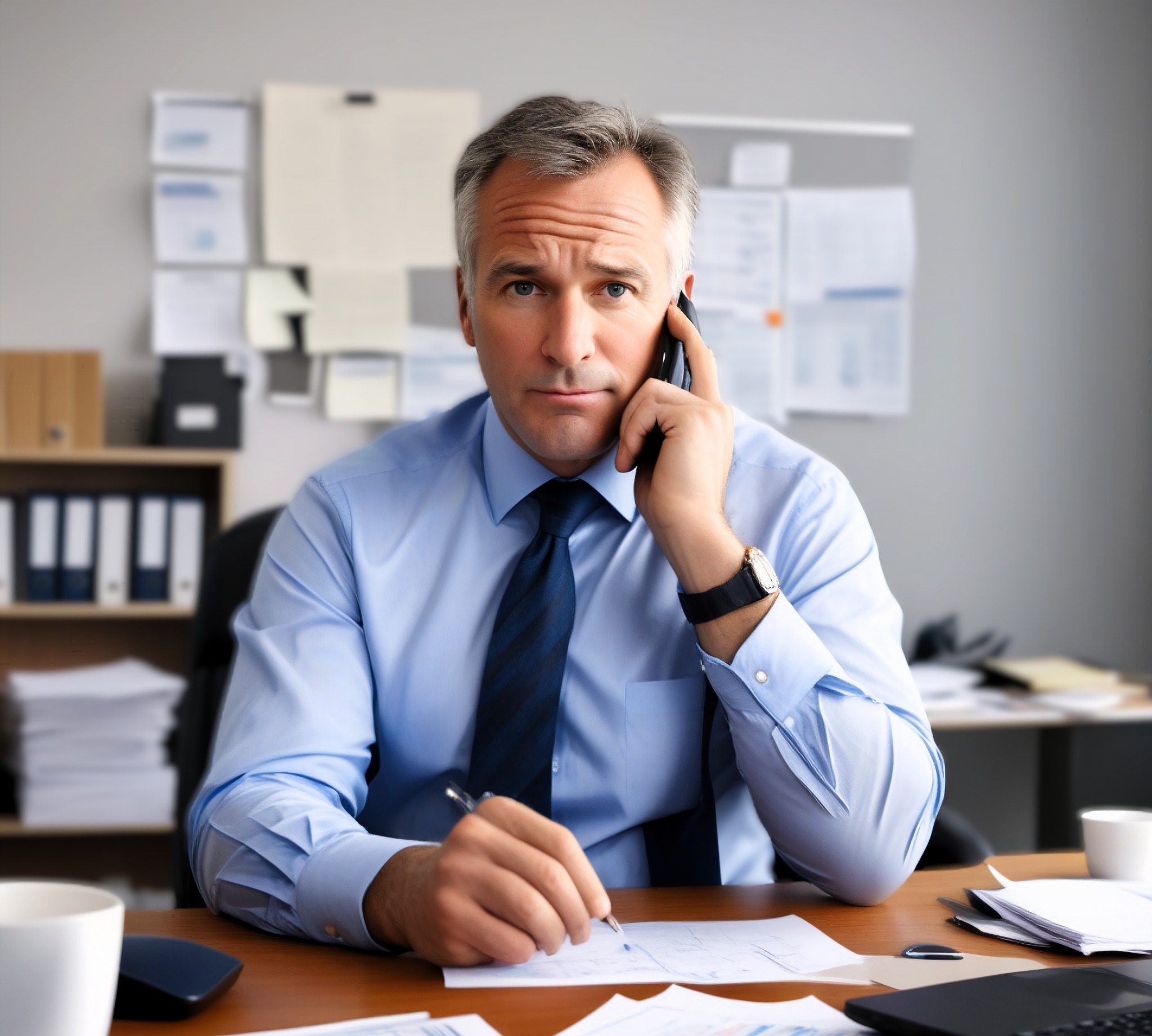 Mężczyzna w błękitnej koszuli i krawacie, siedzący przy biurku, rozmawia przez telefon i trzyma długopis nad dokumentem z naniesionymi szkicami.