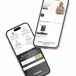 Dwa smartfony z wyświetlonym interfejsem sklepu internetowego z etui na telefony, prezentujące oferty specjalne i formularz zapisu do newslettera.