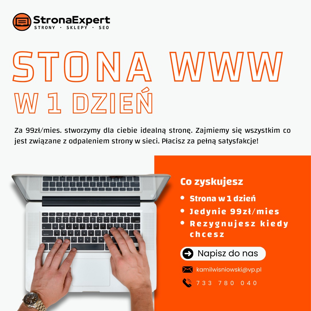 Osoba pisze na laptopie z widoczną ofertą: Strona WWW w 1 dzień za 99zł/mies.