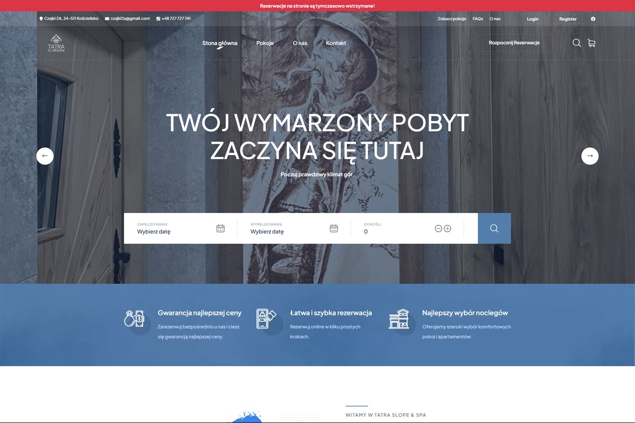 Strona główna serwisu internetowego ośrodka wypoczynkowego z panelem rezerwacji, zdjęciem góralskiej postaci w tle i informacjami o gwarancji ceny oraz łatwej rezerwacji.