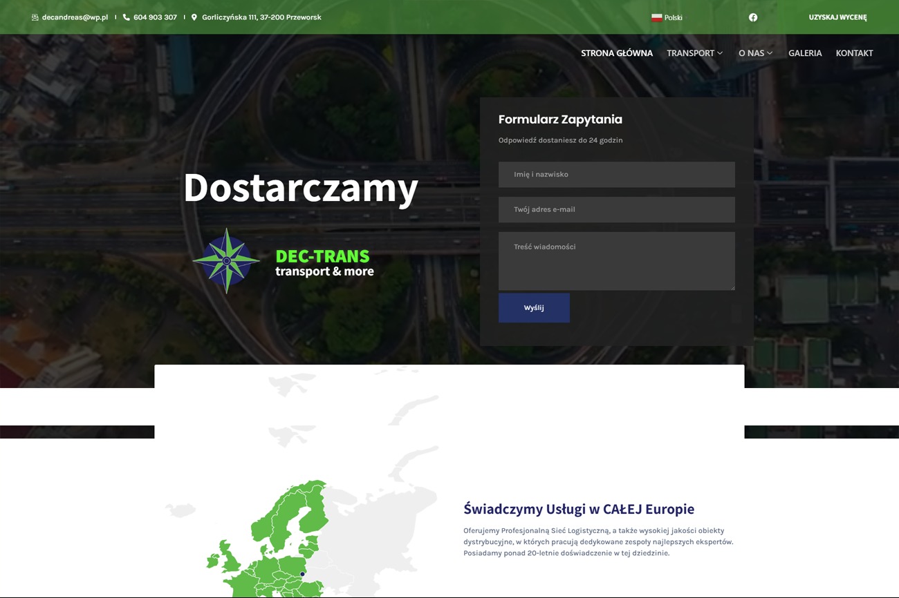 Projekt strony internetowej firmy transportowej z formularzem kontaktowym i mapą Europy.