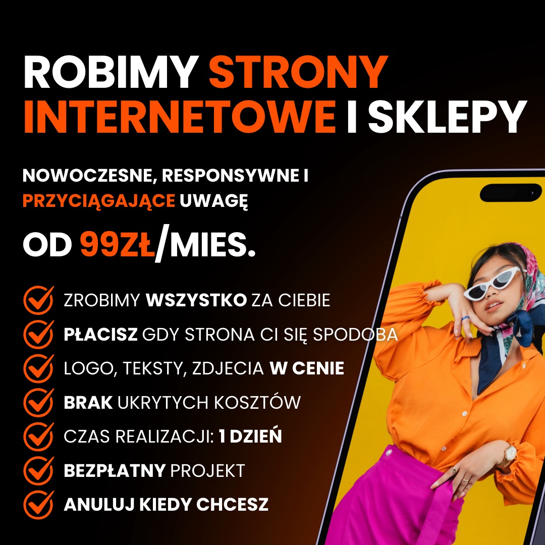 Oferta: Nowoczesne strony internetowe i sklepy od 99zł/miesiąc, z gwarancją satysfakcji. Grafika przedstawia kobietę w okularach i stylizacji retro na tle smartfona.