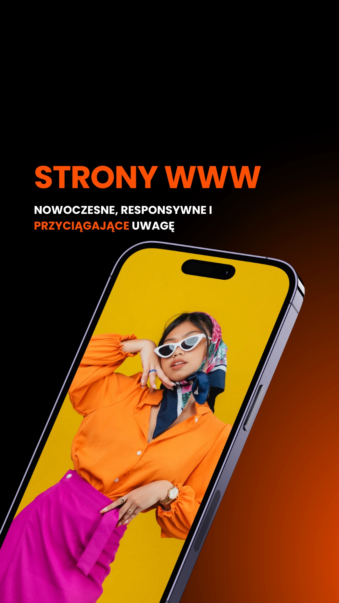 Ekran smartfona prezentuje modelkę w kolorowej stylizacji na żółtym tle, promując nowoczesne i responsywne strony internetowe.