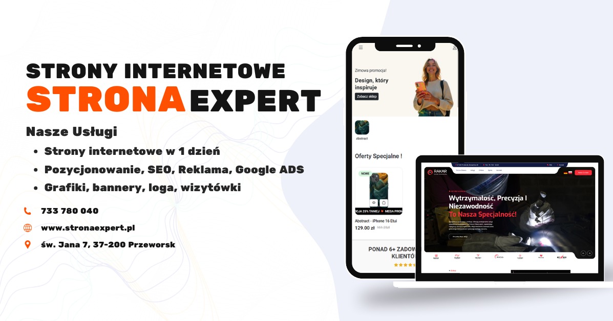 Reklama usług internetowych: strona internetowa na laptopie i aplikacja mobilna na smartfonie, prezentujące design i oferty specjalne.