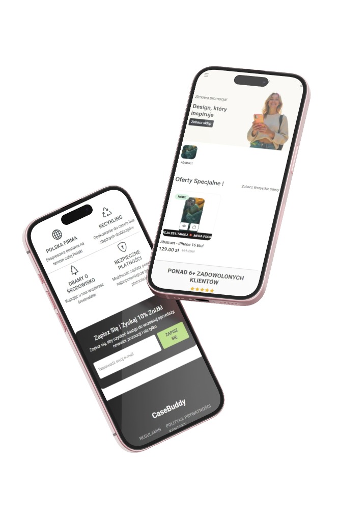 Dwa smartfony z wyświetlonym interfejsem sklepu internetowego z etui na telefony, prezentujące oferty specjalne i formularz zapisu do newslettera.