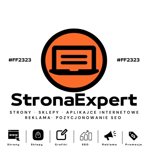 Pomarańczowe logo firmy StronaExpert z ikoną laptopa w okręgu, oferującej strony internetowe, sklepy, aplikacje internetowe, reklamę i pozycjonowanie SEO, z hasztagami #FF2323 po bokach.