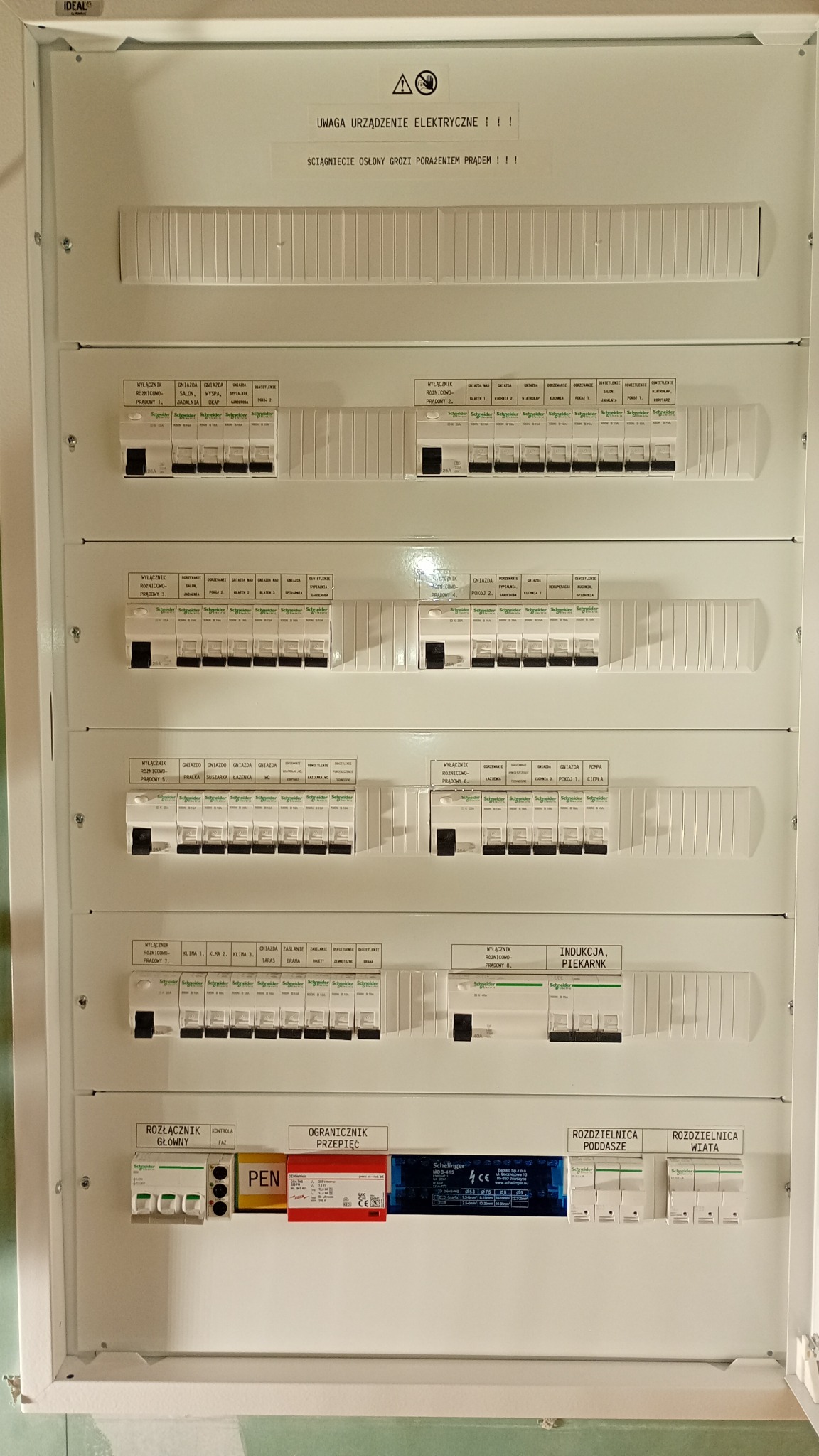 Rozdzielnica elektryczna z wyłącznikami różnicowoprądowymi i opisami obwodów, widoczne zabezpieczenia i oznaczenia. Tablica w kolorze białym, zamontowana na ścianie.