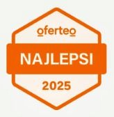 Pomarańczowa odznaka Oferteo 'Najlepsi 2025' na białym tle.
