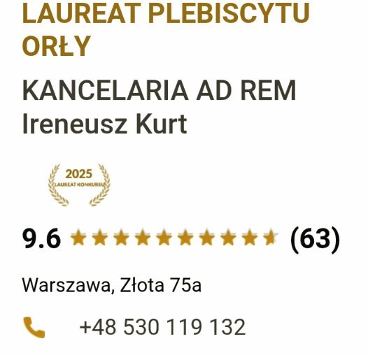 Informacje kontaktowe Kancelarii Ad Rem Ireneusza Kurta: adres w Warszawie, numer telefonu, ocena 9.6 z 63 głosów, logo laureata plebiscytu Orły 2025.