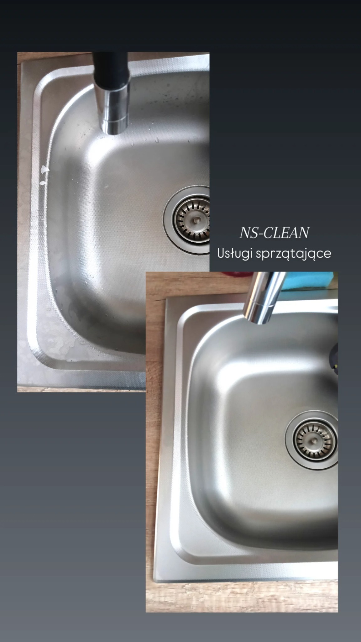 Błyszczący zlew kuchenny przed i po czyszczeniu, prezentujący efekt usług sprzątających NS-CLEAN. Widoczne różnice w czystości i połysku stali nierdzewnej.