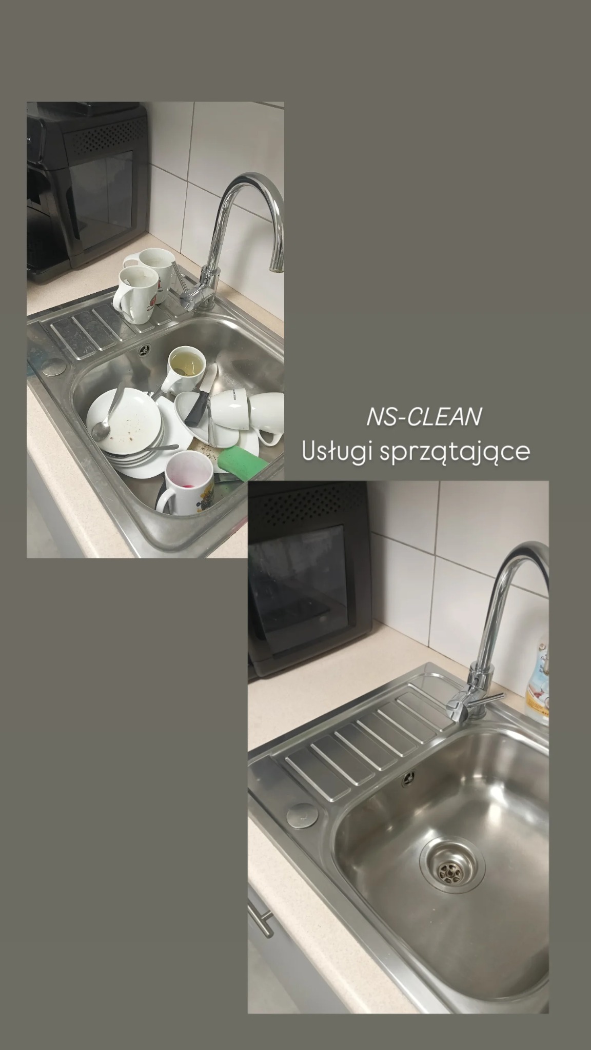 Zlewozmywak kuchenny: u góry naczynia przed myciem, na dole czysty, błyszczący. Widoczny ekspres do kawy. Prezentacja efektu usług sprzątających.