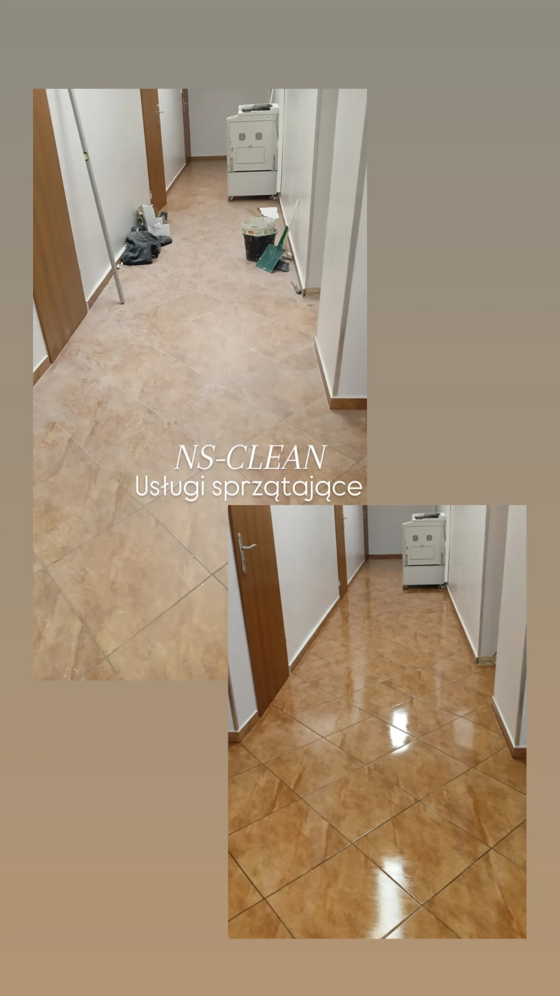 Korytarz z brązowymi płytkami po sprzątaniu, widoczne odbicie światła na czystej podłodze. Na górze kadru widoczne narzędzia i sprzęt do sprzątania.