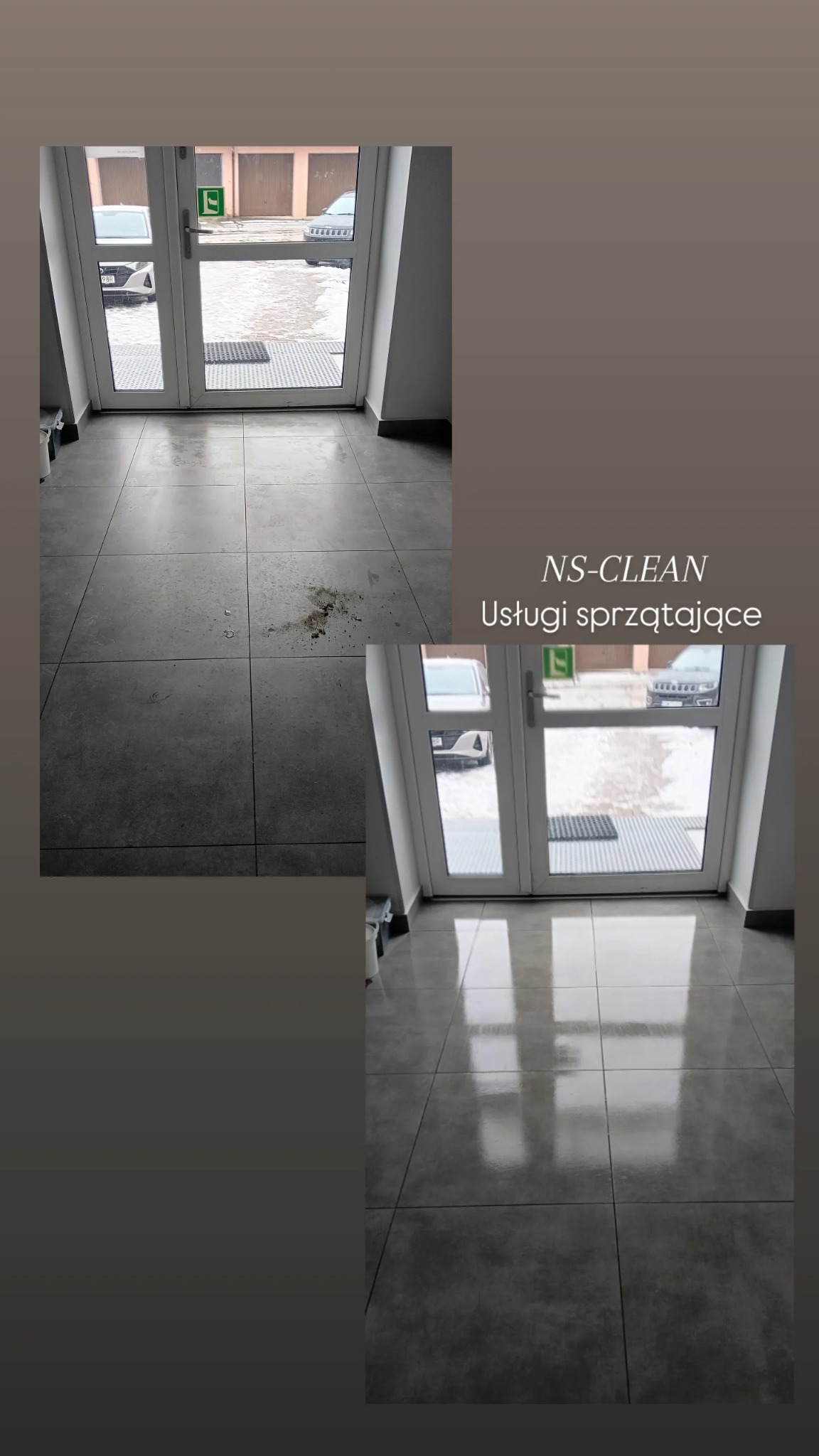 Kafelki przed i po czyszczeniu przy wejściu do budynku. Widoczne zabrudzenia i odbicie światła na czystej powierzchni. Porównanie efektu sprzątania.