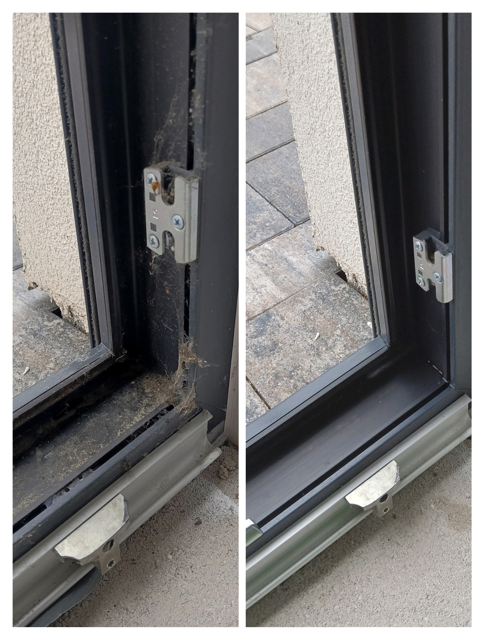 Zdjęcie okna PCV przed i po czyszczeniu. Po lewej brudne, zakurzone z pajęczynami, po prawej czyste, bez zabrudzeń. Widoczne okucia okienne i fragment muru.