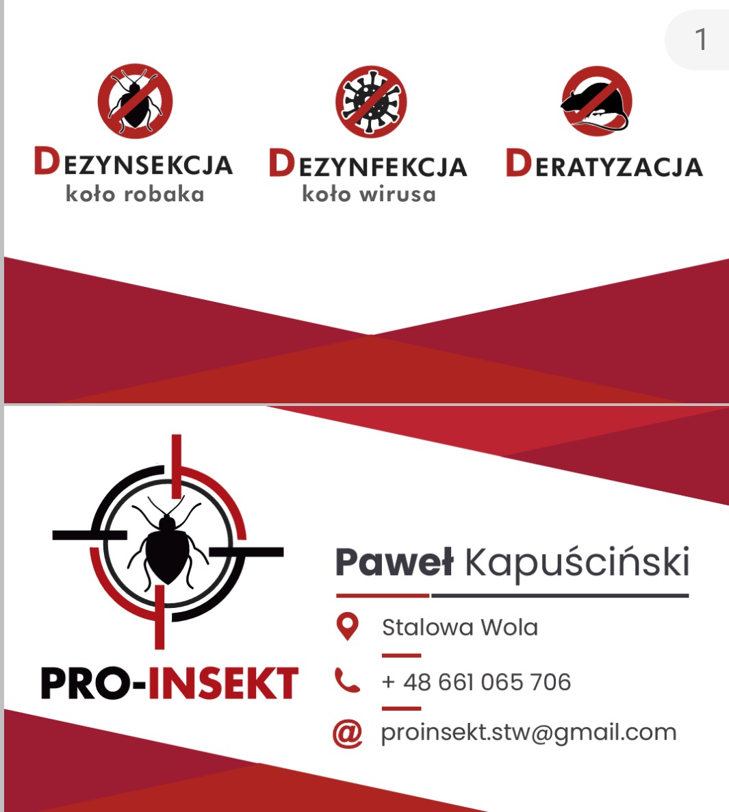 Wizytówka firmy Pro-Insekt z logotypem przedstawiającym robaka w celowniku, oferującej usługi z zakresu zwalczania insektów, dezynfekcji i deratyzacji. Zawiera dane kontaktowe: imię i nazwisko...