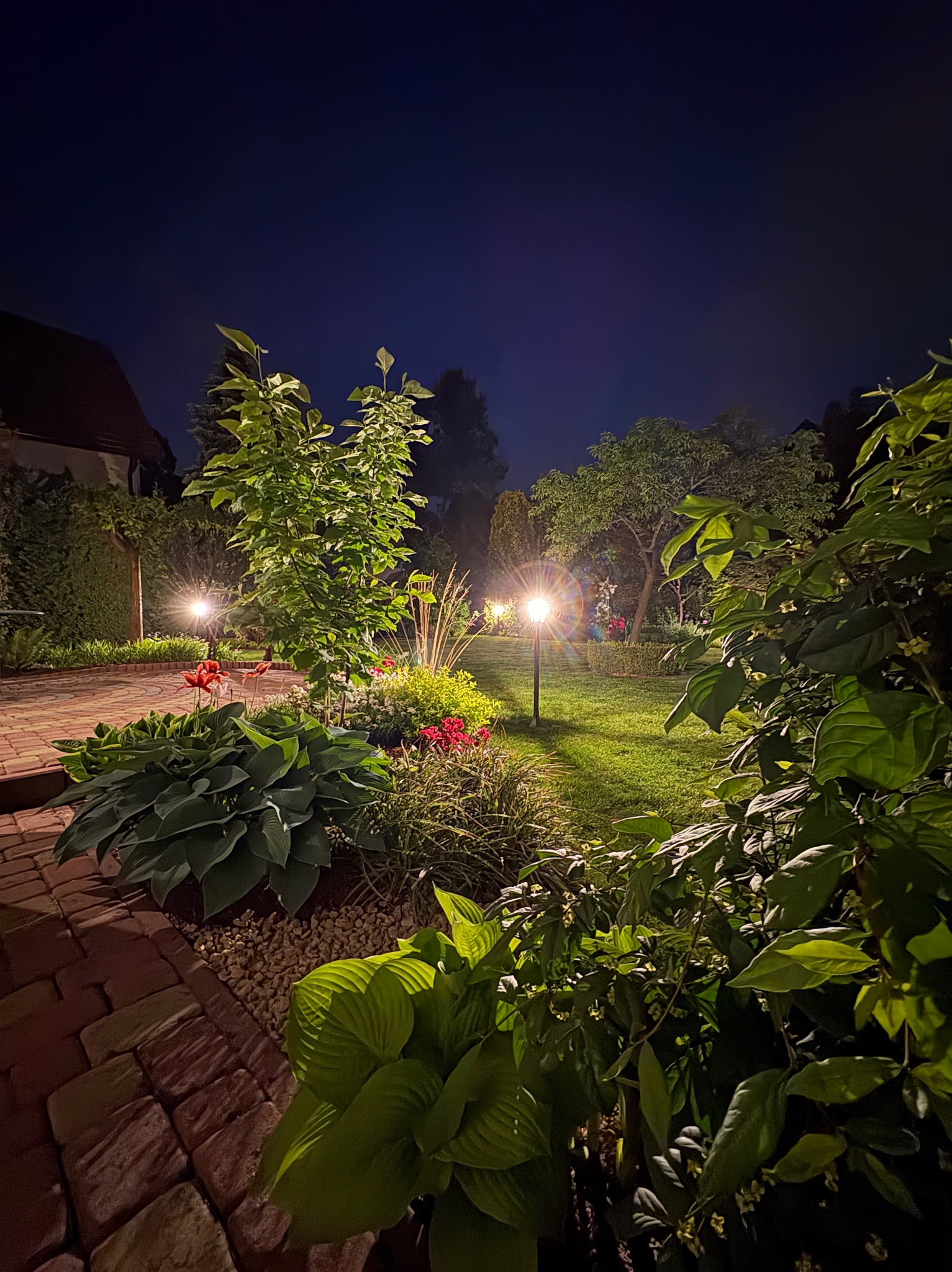 Oświetlony ogród nocą z brukowaną ścieżką, rabatami kwiatowymi i lampami ogrodowymi. Bujna roślinność i ciepłe światło tworzą przytulną atmosferę.