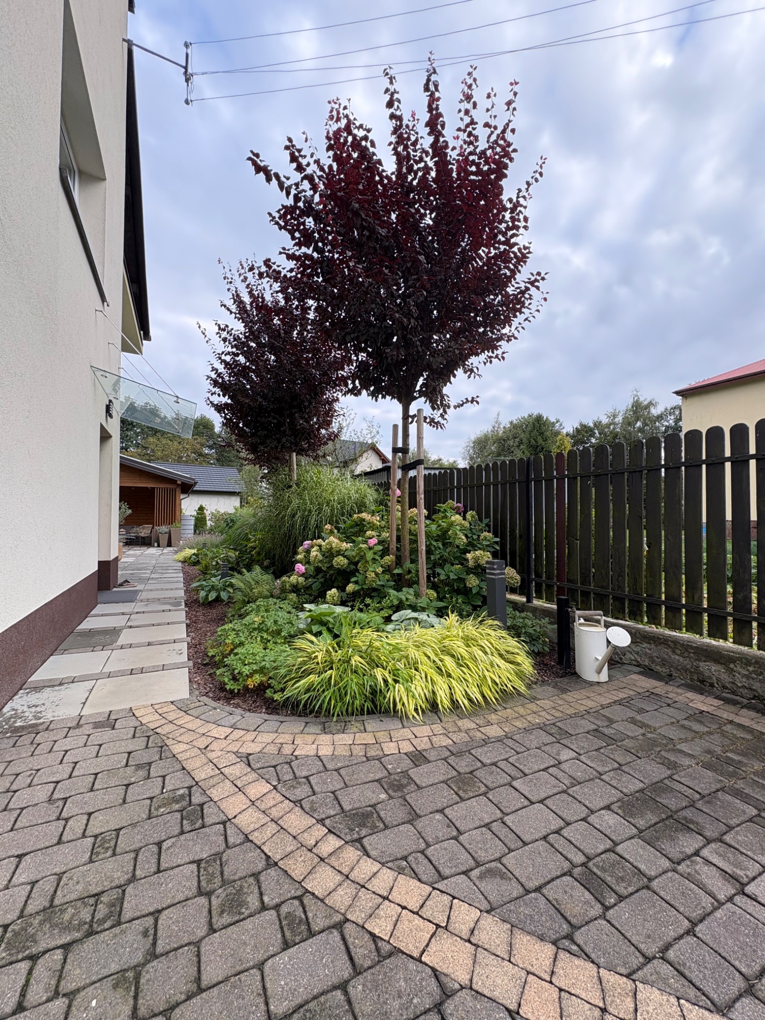 Kaskadowy ogród z drzewami o purpurowych liściach, kwitnącymi hortensjami i ozdobnymi trawami, obrzeżony ścieżką z kostki brukowej i drewnianym płotem.