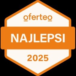 Kancelaria Radcy Prawnego Radca Prawny Weronika Bagrowska - Pomarańczowa odznaka Oferteo 'Najlepsi 2025' na czarnym tle, w kształcie sześcioboku z zaokrąglonymi rogami.