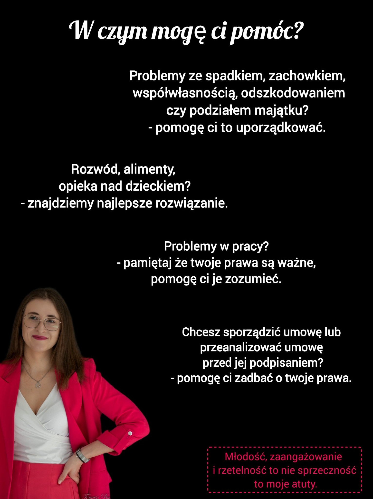 Reklama usług prawnych: kobieta w czerwonym żakiecie, pytania o spadek, rozwód, pracę, umowy. Napisy na czarnym tle, różowe akcenty, nowoczesny styl.