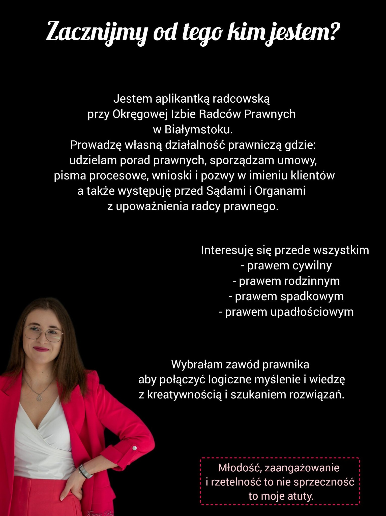 Aplikantka radcowska w czerwonej marynarce prezentuje zakres usług: porady, pisma, reprezentacja w sądzie, specjalizacja w prawie cywilnym, rodzinnym, spadkowym i upadłościowym.