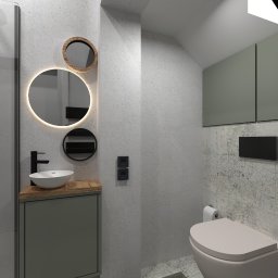 Design Studio Julii Koziolek - Nowoczesna łazienka z umywalką nablatową, podświetlanym lustrem i toaletą w odcieniach szarości i drewna, akcentowana czarnymi detalami.