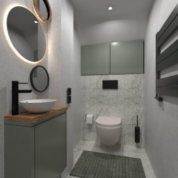 Design Studio Julii Koziolek - Wizualizacja nowoczesnej łazienki z umywalką nablatową, podświetlanym lustrem, wiszącą toaletą i grzejnikiem drabinkowym na tle betonowej ściany.