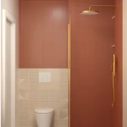 Wizualizacja łazienki z kabiną typu walk-in, toaletą podwieszaną i zabudową w odcieniach terakoty i beżu. Kabina z deszczownicą w kolorze złotym. Geometryczny wzór na płytkach.