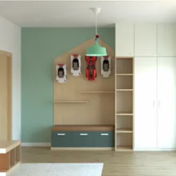 Pokój dziecięcy: szafa z półkami, szafki, dekoracyjna ściana z autkami i półkami, zielona ściana, jasne drewno, dywan. Nowoczesny design.