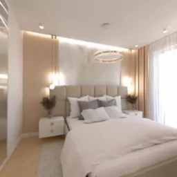 Jasna sypialnia z beżowym ł&oacute;żkiem, szafkami nocnymi i dekoracyjną ścianą za wezgłowiem. Okno z białymi zasłonami. Nowoczesna lampa sufitowa. Elementy dekoracyjne.