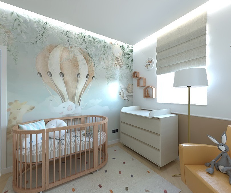 Jasny pokój dziecięcy z owalnym łóżeczkiem, komodą z przewijakiem i tapetą z motywem balonu na tle roślinności, uzupełniony o minimalistyczne półki i lampę podłogową.