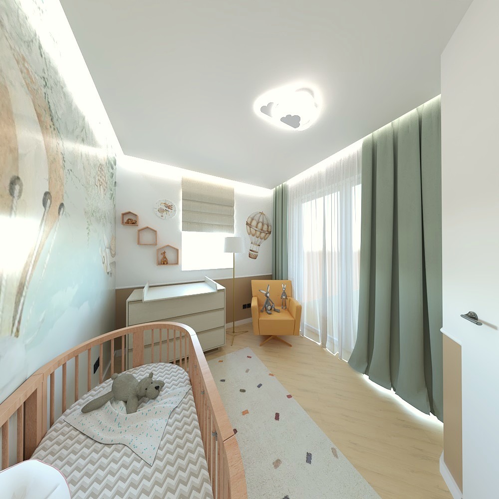 Jasny pokój dziecięcy z łóżeczkiem, komodą z przewijakiem, żółtym fotelem i tapetą w pastelowe wzory zwierząt, oświetlony lampą sufitową w kształcie chmurek.
