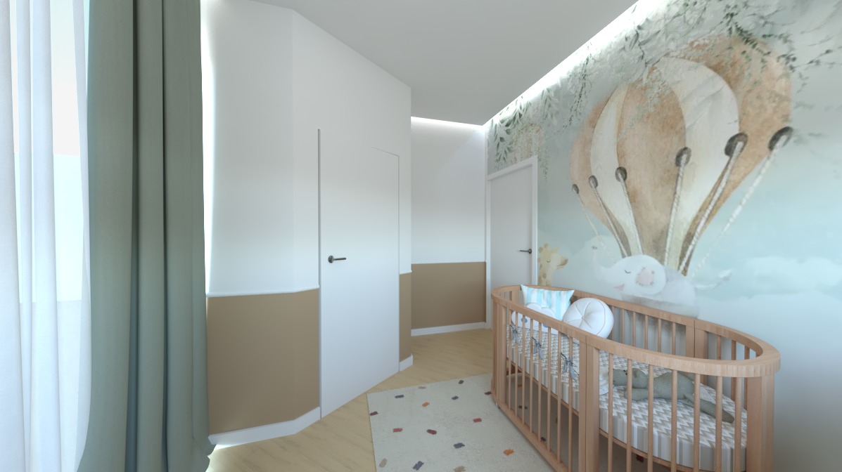 Pokój dziecięcy z owalnym łóżeczkiem, tapetą z motywem balonu i słonia, oraz zasłonami w odcieniach zieleni.