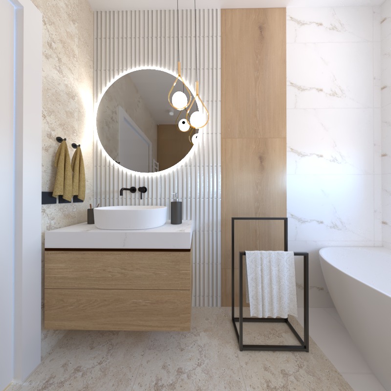 Nowoczesna łazienka z okrągłym lustrem podświetlanym LED, umywalką nablatową na szafce z drewnianym fornirem, wiszącą lampą z trzema szklanymi kulami i wolnostojącą wanną.