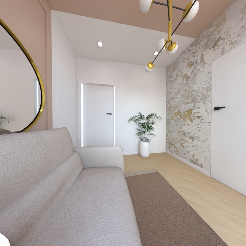 Nowoczesny korytarz z beżową sofą, złotym lustrem i wzorzystą tapetą w odcieniach bieli i złota, oświetlony designerską lampą sufitową.