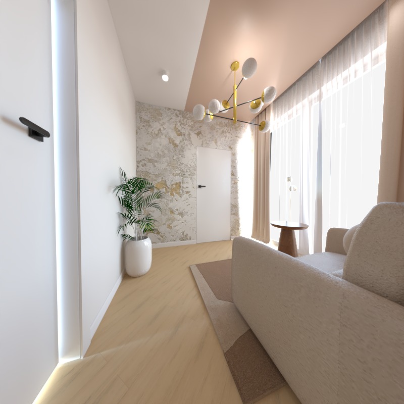 Jasne wnętrze w Rybniku z kremową sofą, złotym żyrandolem i ścianą akcentową z dekoracyjnym tynkiem, doświetlone naturalnym światłem przez okno z delikatnymi zasłonami.