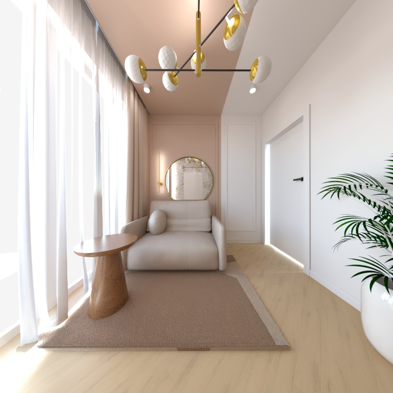 Wizualizacja wnętrza: beżowy fotel z okrągłą poduszką, okrągłe lustro na ścianie, stolik z kamienia, modernistyczna lampa sufitowa i roślina doniczkowa w białej osłonce.