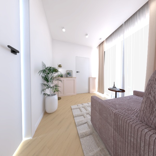 Jasne wnętrze pokoju dziennego z rośliną doniczkową w białej osłonce, beżową sofą z poduszkami, stolikiem kawowym z miniaturą wieży Eiffla oraz zasłonami w odcieniach beżu i bieli.